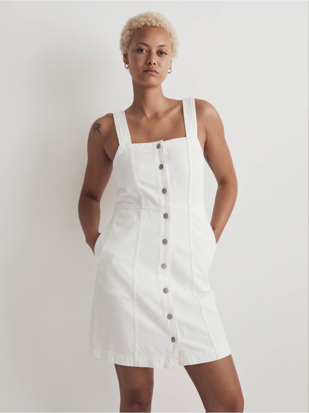 Madewell Denim Square Neck Sleeveless Mini Dress in Tile White